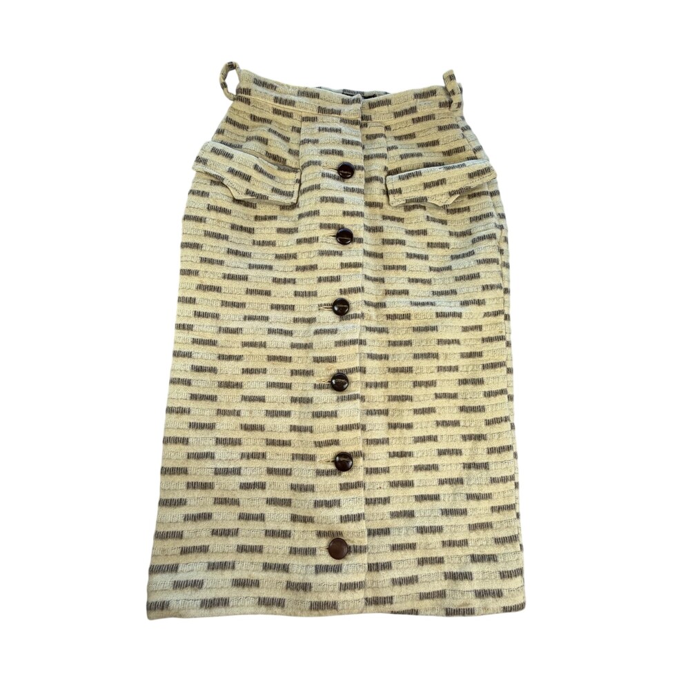 Vintage Earle Picard Skirt Womens Beige Wool Striped Button Front Midi Pencil